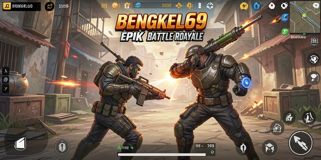 Tampilan gameplay BENGKEL69 dengan aksi pertarungan seru di medan perang.