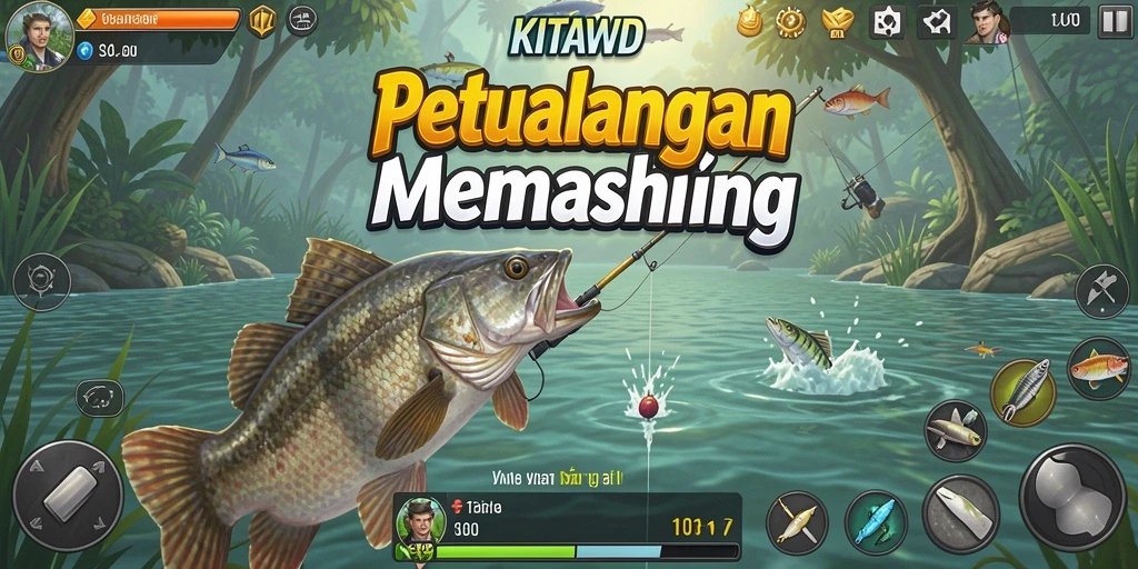 Screenshot utama KITAWD menampilkan gameplay seru saat memancing.
