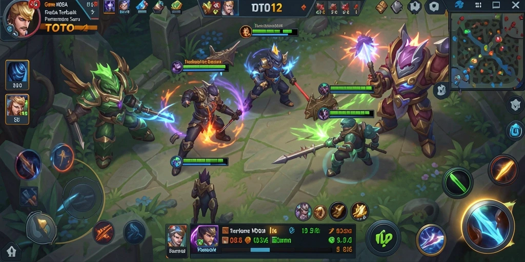 Screenshot gameplay TOTO12 menampilkan pertempuran epik antar hero.